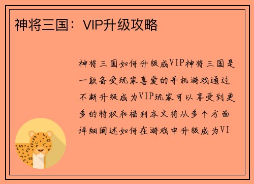 神将三国：VIP升级攻略